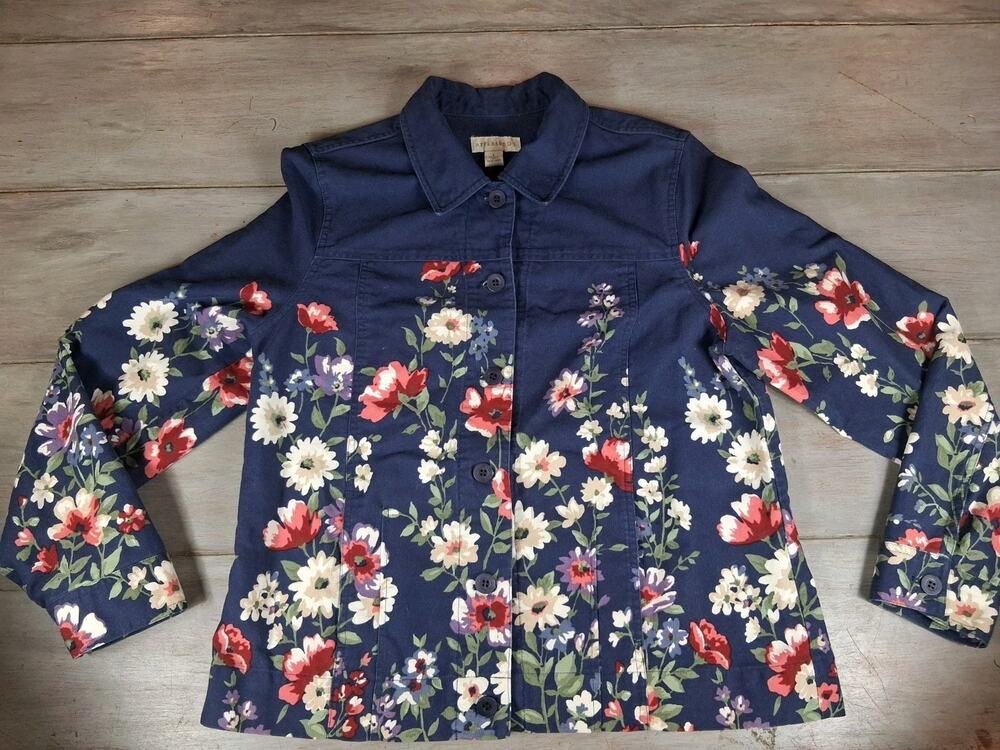 Appleseed’s Petites Navy Floral Flowers denim Button Front Jacket Size Large